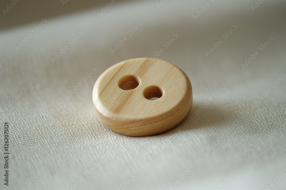 A Round Wooden Button with Visible Grain and Cleanly Drilled Holes. A Round Wooden Button with Visible Grain and Cleanly Drilled Holes.