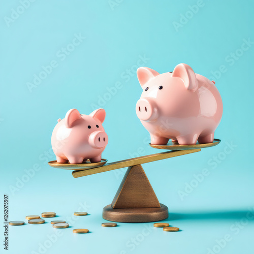 Illustration of financial disparity with different-sized piggy banks on unbalanced scales, symbolizing wealth inequality.