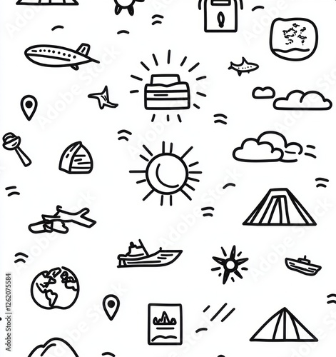 This seamless pattern showcases a variety of travel-themed doodles, including airplanes, ships, suns, and maps. Featuring simple lines and shapes, it evokes a sense of adventure and exploration