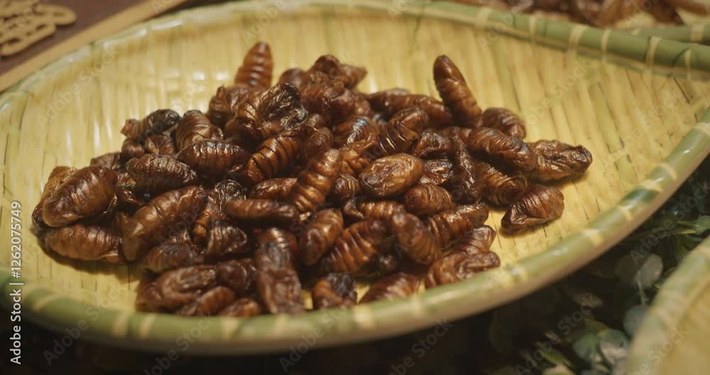 Chengdu, Sichuan, China. Fried Silkworm Larvae. Street Roasted Silkworm. Popular Snacks In Southeast Asia. New Source Of Protein. Fried Silk Worms Sichuan Snack. Silkworm Pupae Are Good Source Of Chengdu, Sichuan, China. Fried Silkworm Larvae. Street Roasted Silkworm. Popular Snacks In Southeast Asia. New Source Of Protein. Fried Silk Worms Sichuan Snack. Silkworm Pupae Are Good Source Of