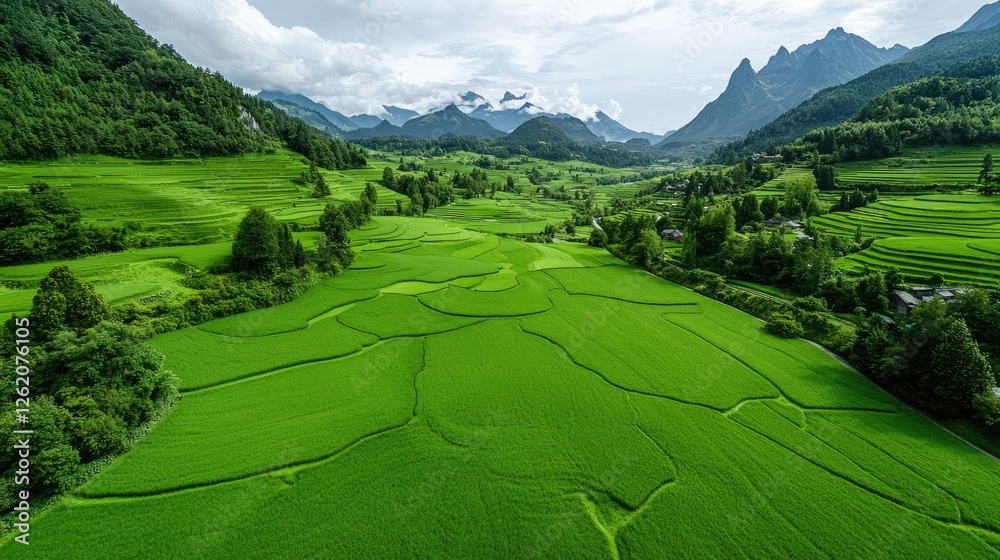 Fototapeta premium Lush green terraced rice paddies in a valley, mountains in the background. Possible use Stock photo for travel, nature, agriculture, or tourism brochures