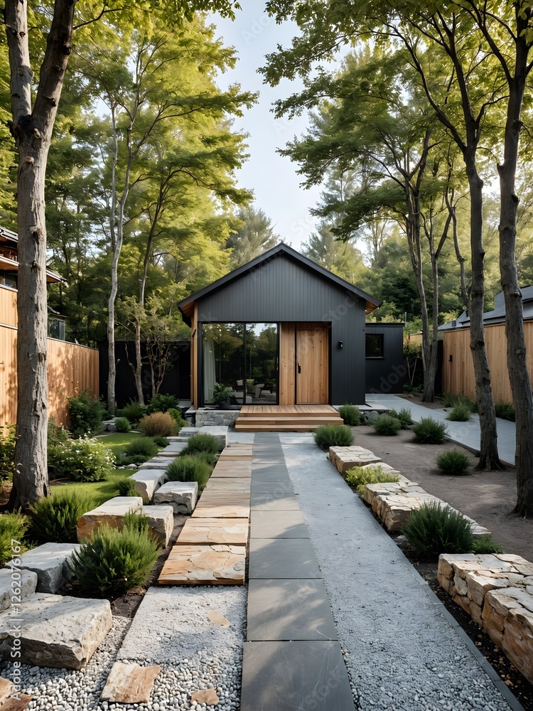 A walkway leads to a small house in the woods.