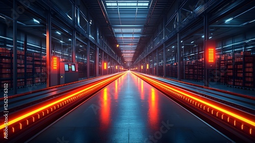 Glowing Automated Sorting System in High Tech Warehouse with Vibrant Conveyor Belts and Digital Displays
