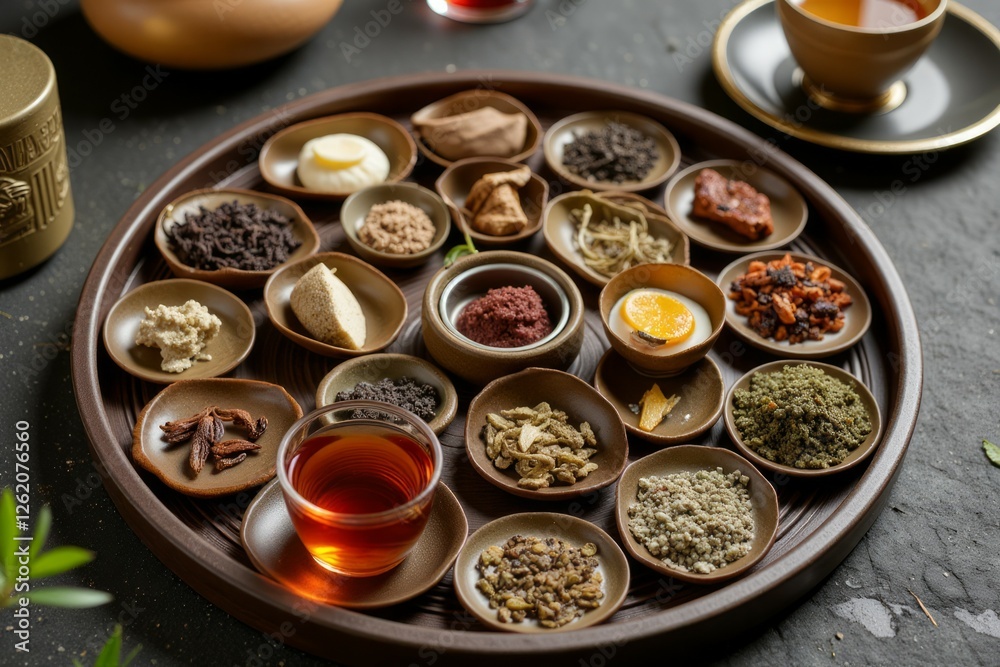 Tray with many small dishes of food and drink Tray with many small dishes of food and drink