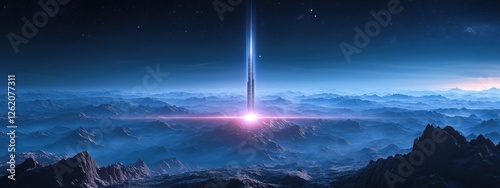 Futuristic Tower Laser Beams Alien Landscape Sci Fi Space Mountains Technology Communication