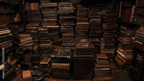 Ancient Library Books Stacked High Volumes of Knowledge Antiquarian Bookshop Archive in Disarray