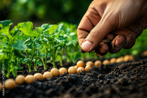 hand planting seed in soil plant growing step concept