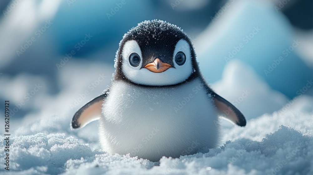 Fototapeta premium Photo of a penguin standing on the snow in Antarctica, looking around