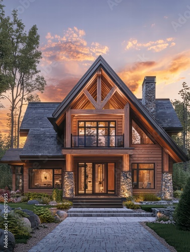 Modern Cabin in Nature's Embrace: A stunning modern cabin home, its architectural marvel harmonizing with the natural backdrop, basking in the soft glow of dusk.