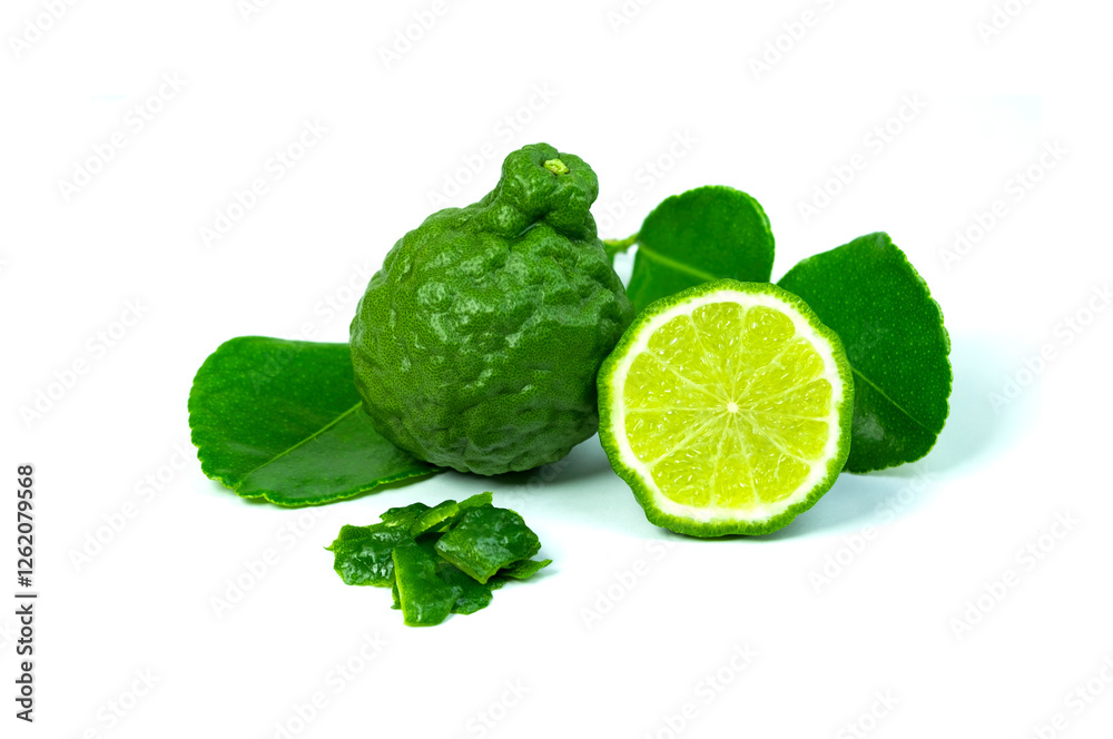 Fresh Kaffir lime or Citrus Bergamot fruit, whole and cross section, with green leaves isolated on white background with clipping path, closed up. Fresh Kaffir lime or Citrus Bergamot fruit, whole and cross section, with green leaves isolated on white background with clipping path, closed up.