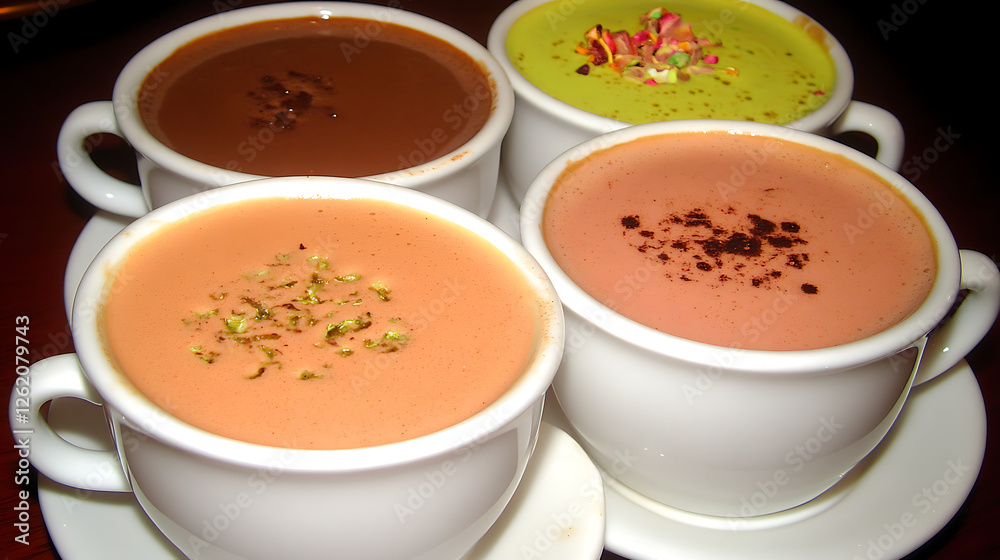 Array of Colorful Gourmet Beverages in Ceramic Cups a Visual Treat for Taste and Eyesight Array of Colorful Gourmet Beverages in Ceramic Cups a Visual Treat for Taste and Eyesight