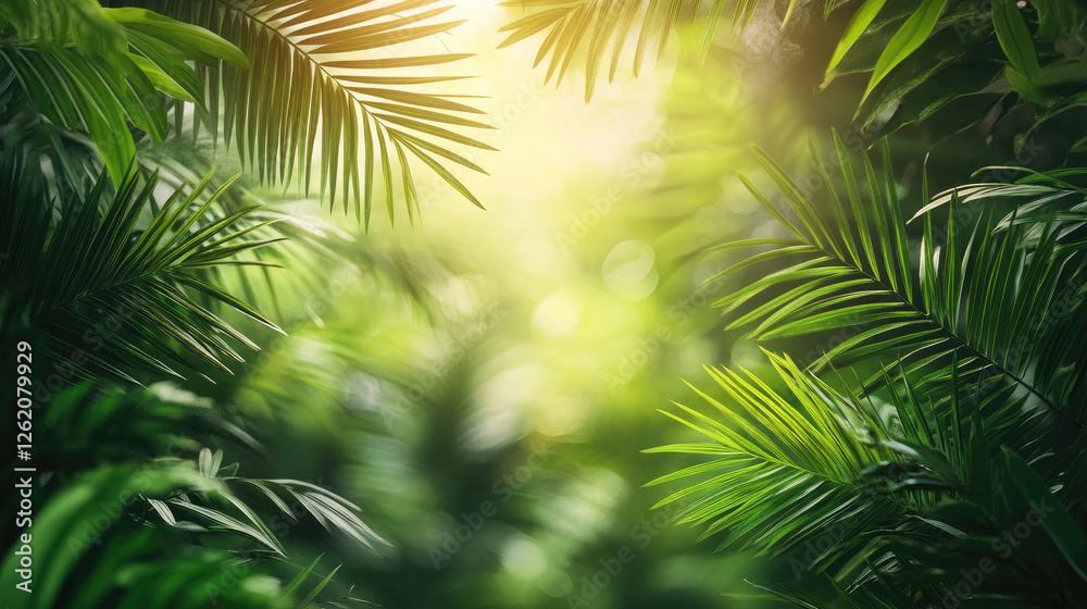 Obraz premium A vibrant Palm Sunday greeting banner template featuring lush tropical leaves and warm sunlight filtering through. Perfect for Christian holiday . Banner. Copy space