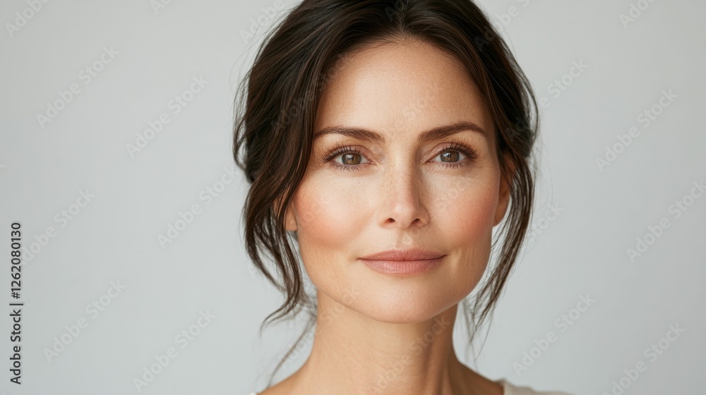 studio portrait of beautiful caucasian woman brown hair model 40-45 years old, concept skin care, white background, copyspace studio portrait of beautiful caucasian woman brown hair model 40-45 years old, concept skin care, white background, copyspace