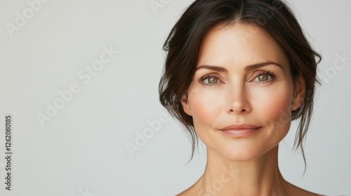 studio portrait of beautiful caucasian woman brown hair model 40-45 years old, concept skin care, white background, copyspace
