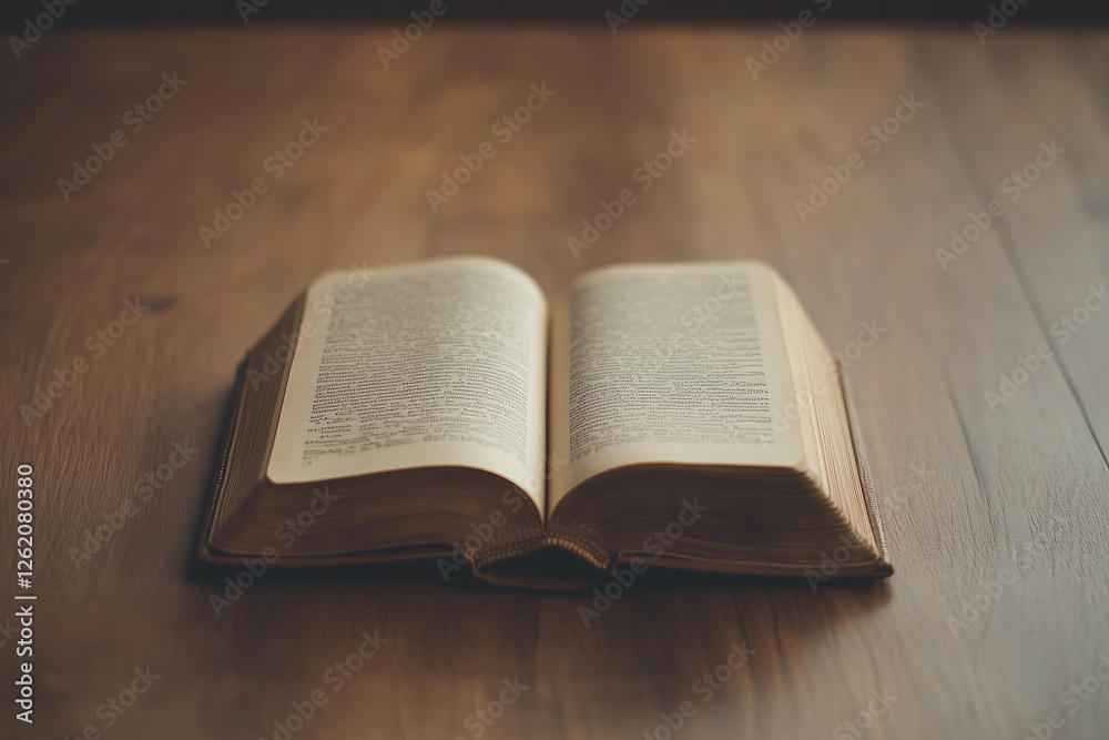 A Simple Open Book with Blank Pages Resting on a Wooden Surface.