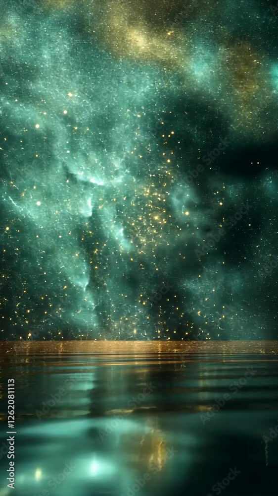 Ethereal night sky filled with shimmering stars reflecting on a tranquil water surface Ethereal night sky filled with shimmering stars reflecting on a tranquil water surface