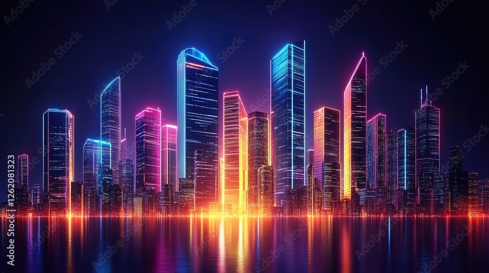 Futuristic skyline with towering skyscrapers and neon lights glowing Futuristic skyline with towering skyscrapers and neon lights glowing