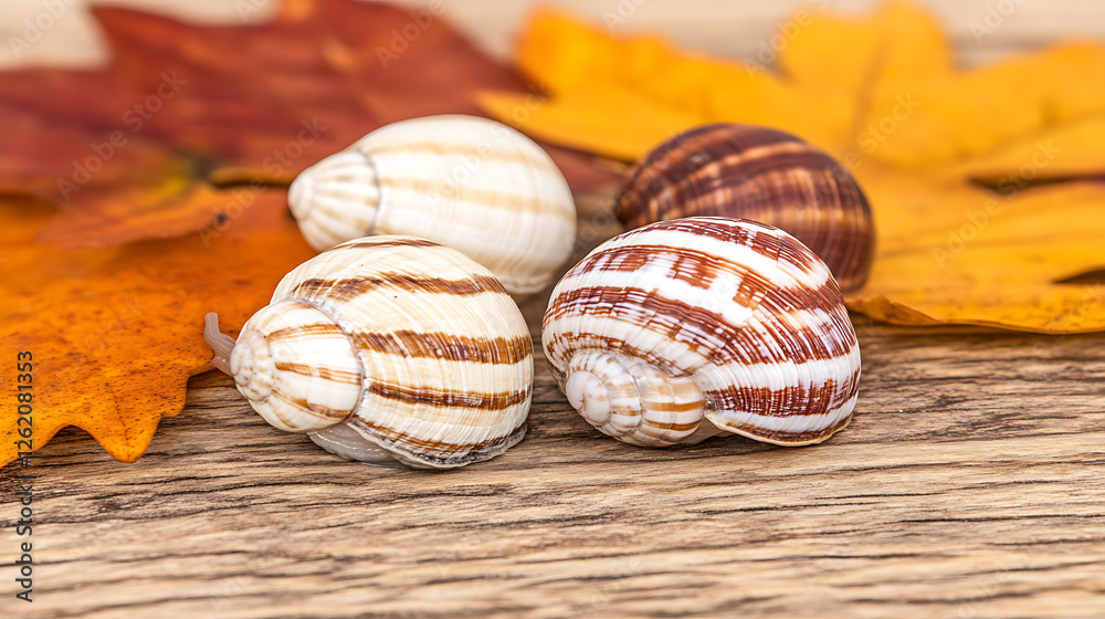 Autumnal Harmony Snails Shells and Leaves Display Natural Beauty on Rustic Wooden Background Artful Nature Autumnal Harmony Snails Shells and Leaves Display Natural Beauty on Rustic Wooden Background Artful Nature