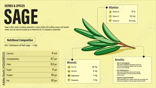 Sage Herb Nutrition Facts and Health Benefits–Detailed Vector Infographic for Healthy Eating and Wellness