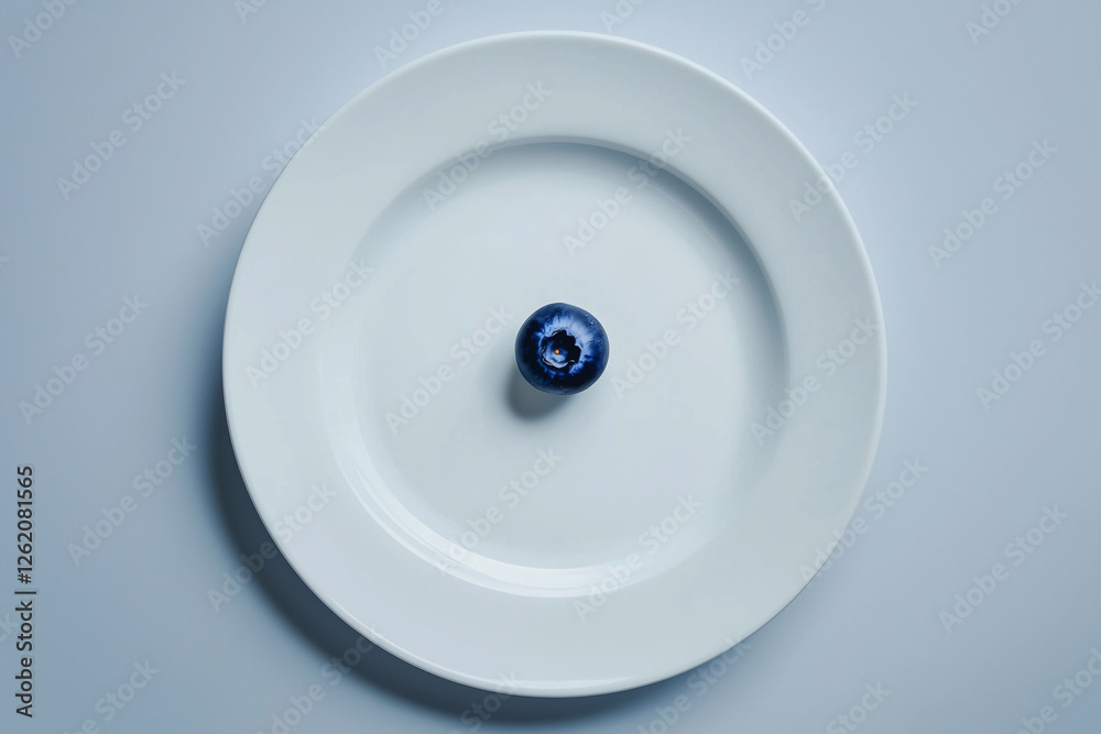 A Single Blueberry on a Crisp White Ceramic Plate. A Single Blueberry on a Crisp White Ceramic Plate.
