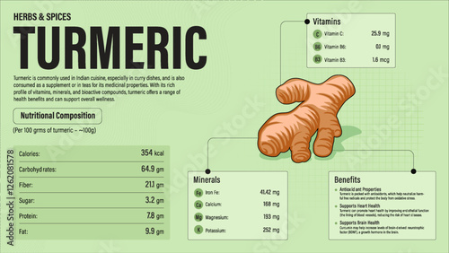 Turmeric Herb Nutrition Facts and Health Benefits–Detailed Vector Infographic for Healthy Eating and Wellness