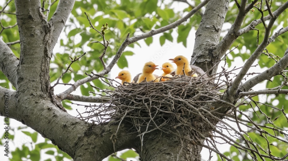 Fototapeta premium A cozy nest of newborn birds awaits their first flight