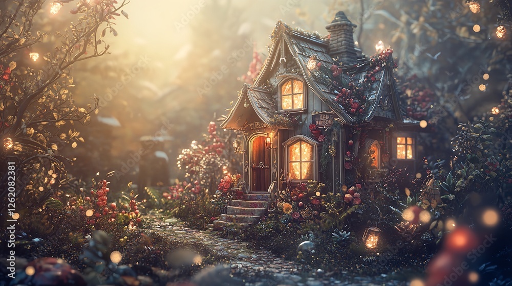 Obraz premium A quaint cottage adorned with greenery sits amid vibrant autumn leaves radiating warmth as evening descends in a serene forest setting 
