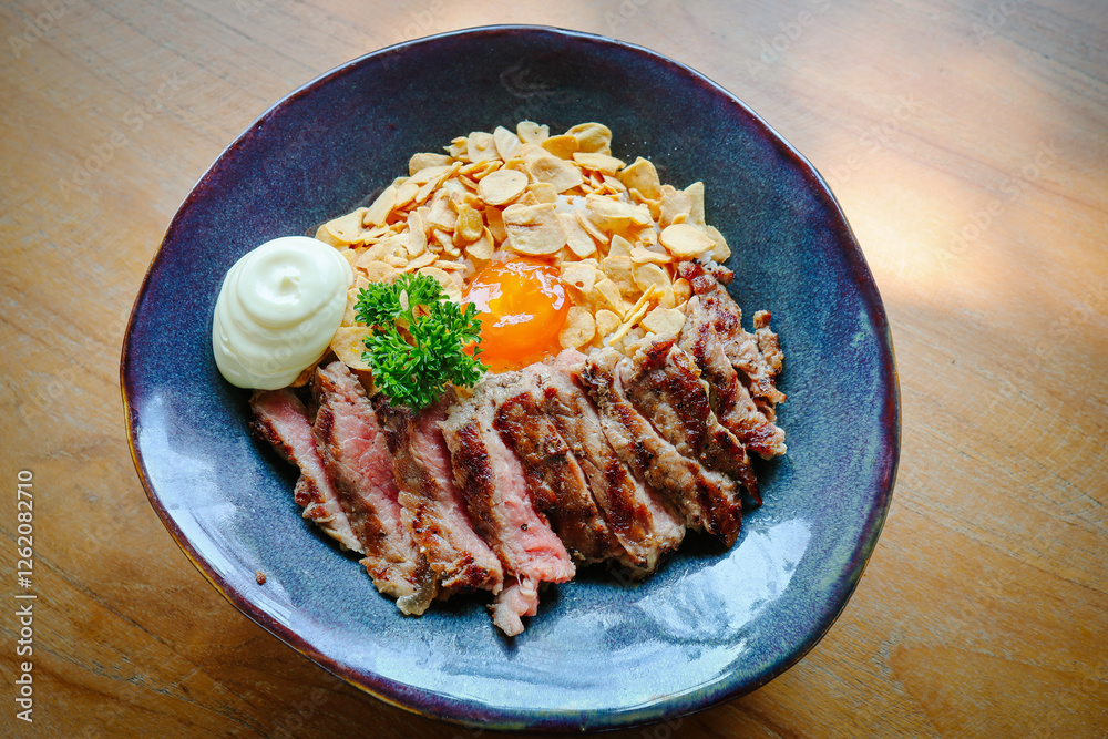 Grilled Beef Rice Topped with Pickled Egg Yolk Grilled Beef Rice Topped with Pickled Egg Yolk
