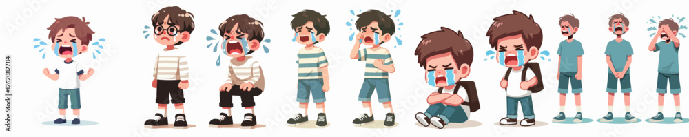A full-body vector illustration of a teenager crying uncontrollably, designed in a simple and minimalist flat design style, set against a plain white background. A full-body vector illustration of a teenager crying uncontrollably, designed in a simple and minimalist flat design style, set against a plain white background.