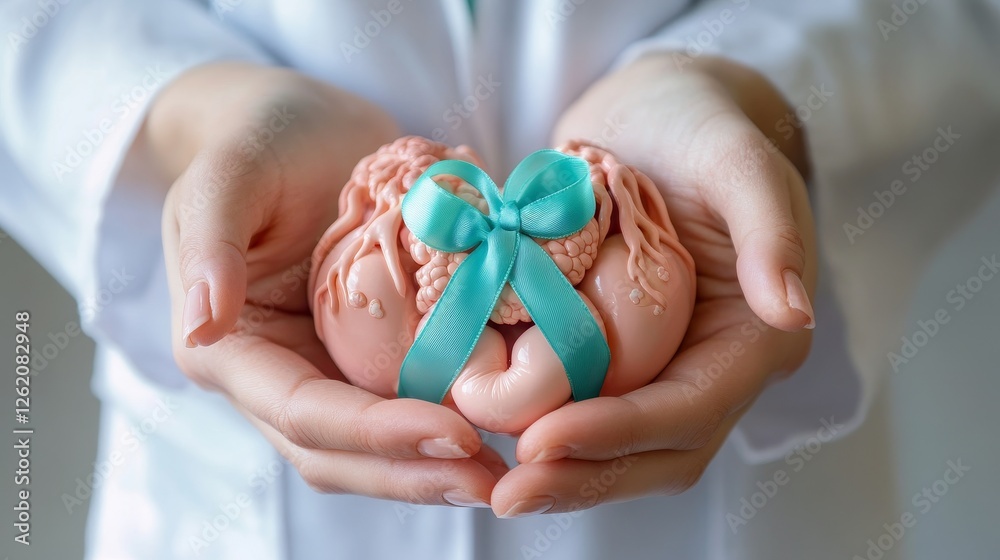 Doctor holding Teal ribbon with Uterus and Ovaries model for January Cervical Cancer Awareness month Doctor holding Teal ribbon with Uterus and Ovaries model for January Cervical Cancer Awareness month