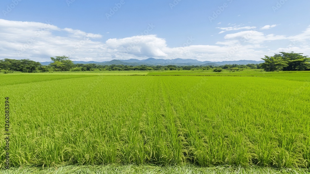 Lush green rice paddy field, mountain backdrop, sunny day, rural landscape, agriculture Lush green rice paddy field, mountain backdrop, sunny day, rural landscape, agriculture