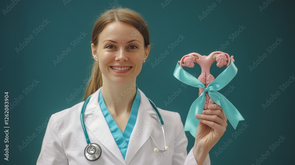 Doctor holding Teal ribbon with Uterus and Ovaries model for January Cervical Cancer Awareness month