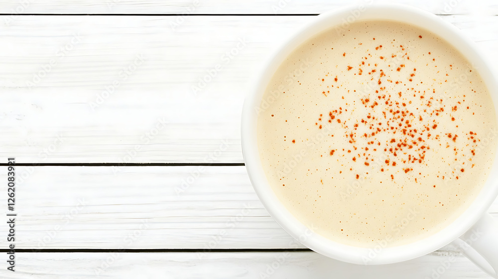 Cappuccino Delight in White Cup on Wooden Surface Top View Breakfast Beverage and Cinnamon Spice Cappuccino Delight in White Cup on Wooden Surface Top View Breakfast Beverage and Cinnamon Spice