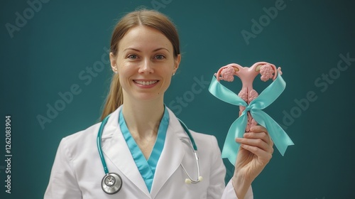 Obraz na płótnie Doctor holding Teal ribbon with Uterus and Ovaries model for January Cervical Cancer Awareness month w salonie