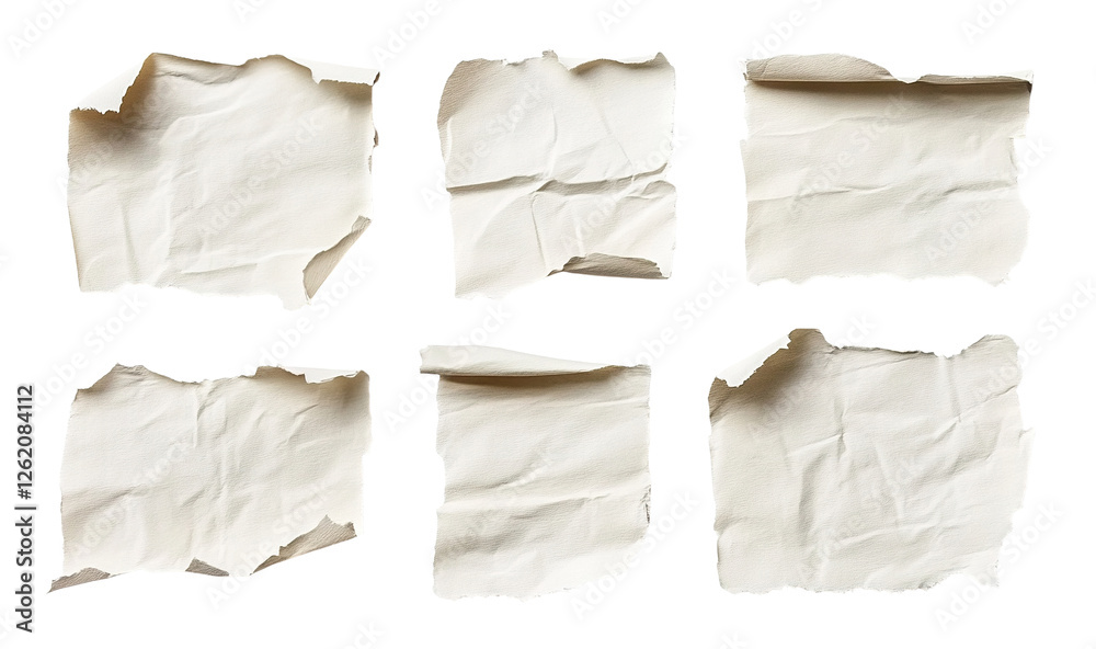 Set of torn white paper pieces with crumpled texture, isolated on transparent cutout background Set of torn white paper pieces with crumpled texture, isolated on transparent cutout background