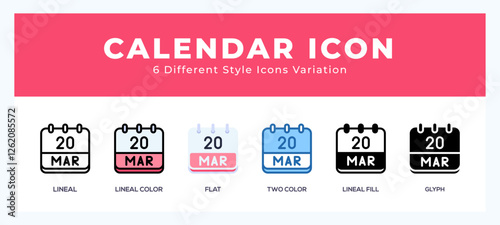 Calendar march icon set with different styles. Icons designed in filled. outline. flat. glyph and line colored.
