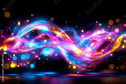 Quantum light trails in neon yellow, pink, and purple creating a mesmerizing dance of glowing lights fading in and out of visibility, captivating abstract motion effects