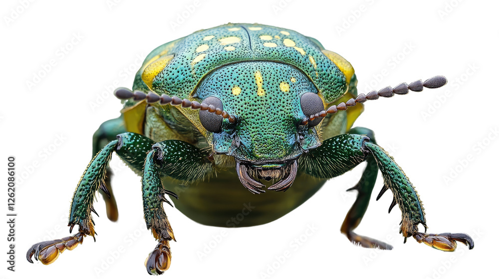 Naklejka premium Emerald Beetle Macro: A stunning macro shot reveals the intricate beauty of a vibrant emerald beetle, showcasing its detailed exoskeleton, piercing eyes, and delicate antennae.
