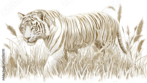 Tiger Walking in Grass Illustration