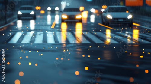 Realistic rainy day highway intersection with glimmering asphalt and headlight illuminated cars