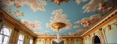 Elegant gold-trimmed pastel ceiling fresco in bright room, serenity