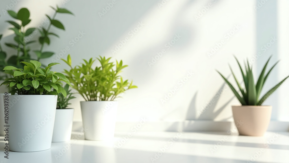 Fototapeta premium several indoor plants in white pots standing on a light surface.
