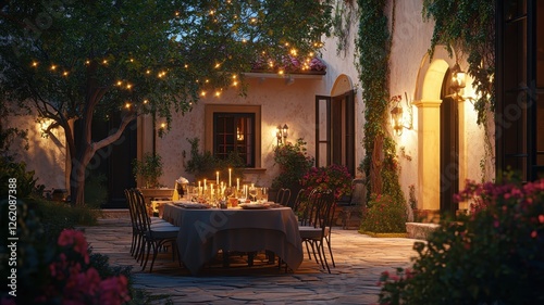 Enchanting evening courtyard dinner with candlelit ambiance