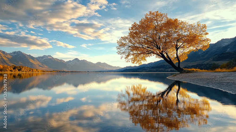 Obraz premium serene autumn landscape with tree reflecting in calm water