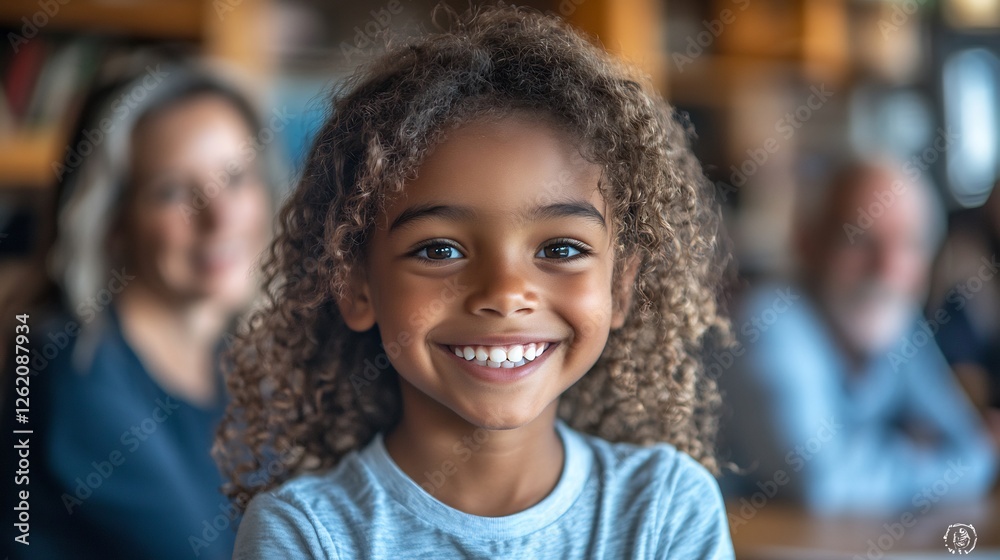 Happy student receiving praise from their tutor during a parent teacher meeting the child beaming with pride while their parents look on in approval Happy student receiving praise from their tutor during a parent teacher meeting the child beaming with pride while their parents look on in approval
