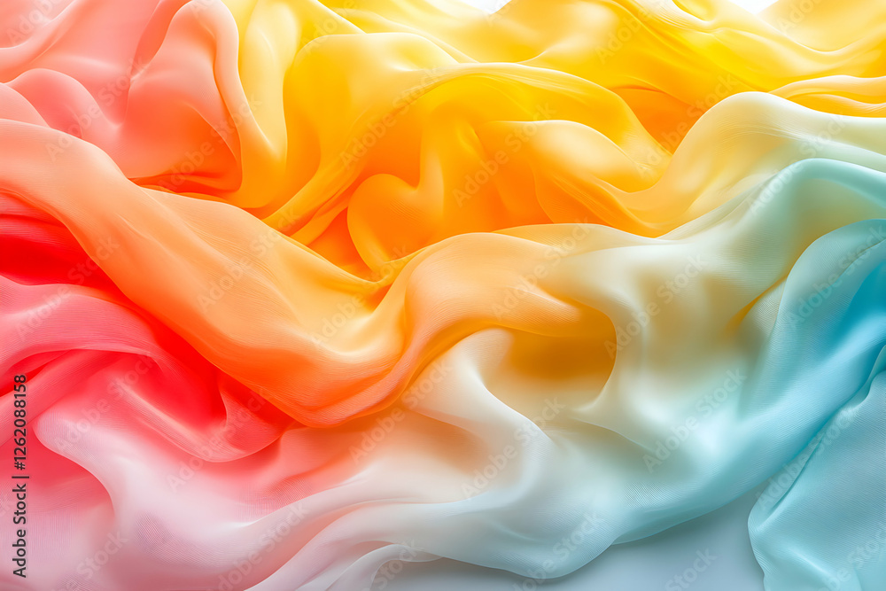 Obraz premium Abstract image of vibrant, flowing silk fabric in a rainbow ombre gradient of red, orange, yellow, and blue. Perfect for design projects and backgrounds.