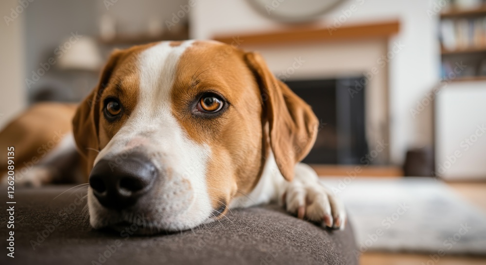 Relaxed beagle lounging on sofa in cozy living room setting Relaxed beagle lounging on sofa in cozy living room setting