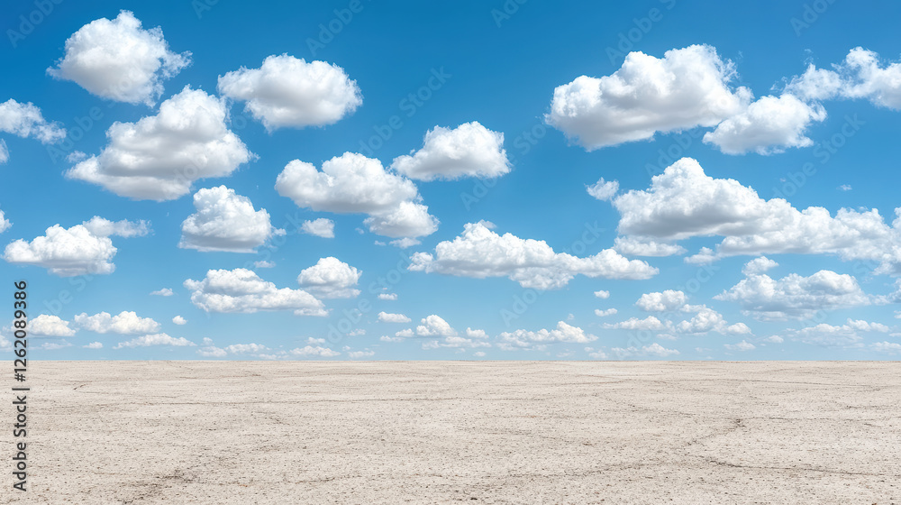 serene landscape featuring vast, dry terrain under bright blue sky with fluffy white clouds serene landscape featuring vast, dry terrain under bright blue sky with fluffy white clouds