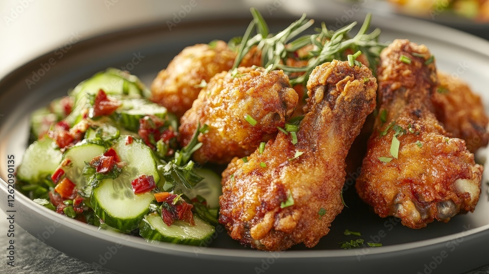 A plate of crispy chicken wings served with a fresh cucumber salad. A plate of crispy chicken wings served with a fresh cucumber salad.