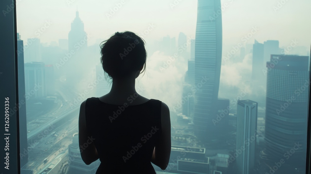 Fototapeta premium Silhouette of a woman gazing out at a misty urban skyline from a high vantage point
